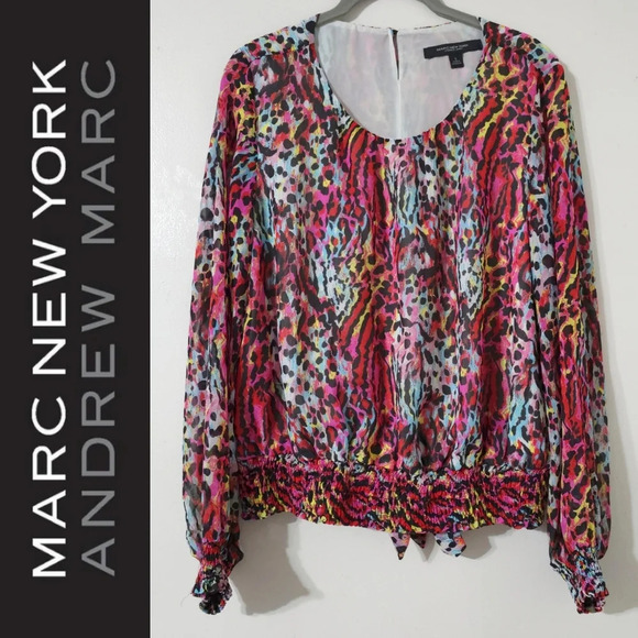 Marc New York Tops - MARC NEW YORK Long Sleeve Rainbow Cheetah Print Blouse, Smocked Cuffs & Hem, L